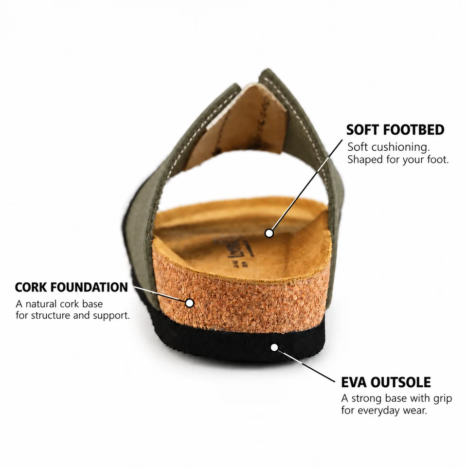 Nsaa Olive construction showing the soft contoured footbed, cork foundation and EVA outsole