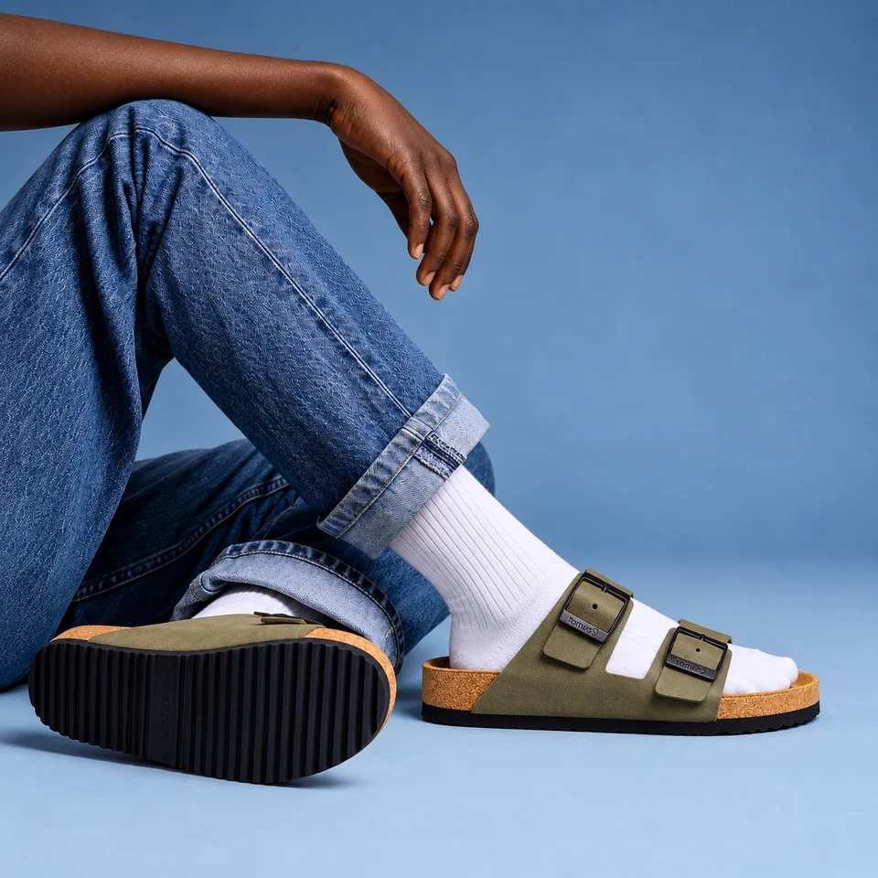 Olive Tomus cork sandals styled with white socks and blue jeans